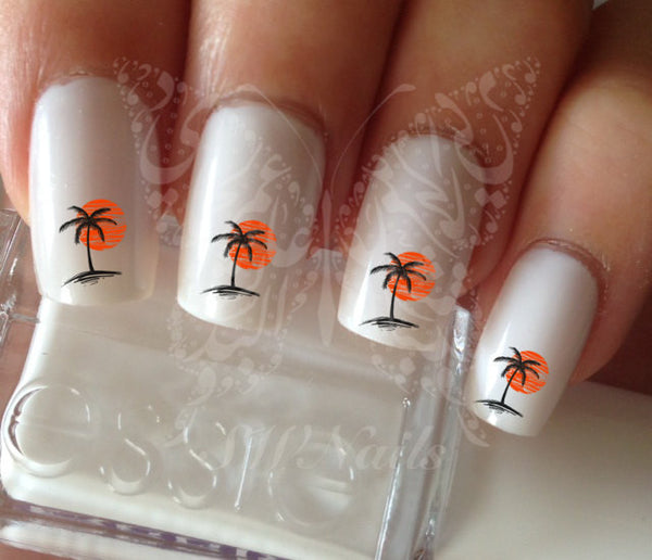 Nail Art Palm Tree Sunset Nail Water Decals Transfers Wraps Black Palm